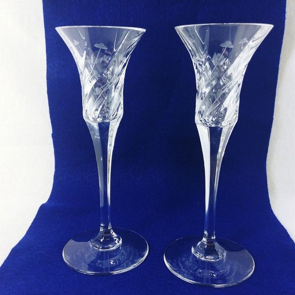 Sherry Cordial Glass Crystal Swirl Etched Floral Design Candleholder Set of 2 - Picture 2 of 7